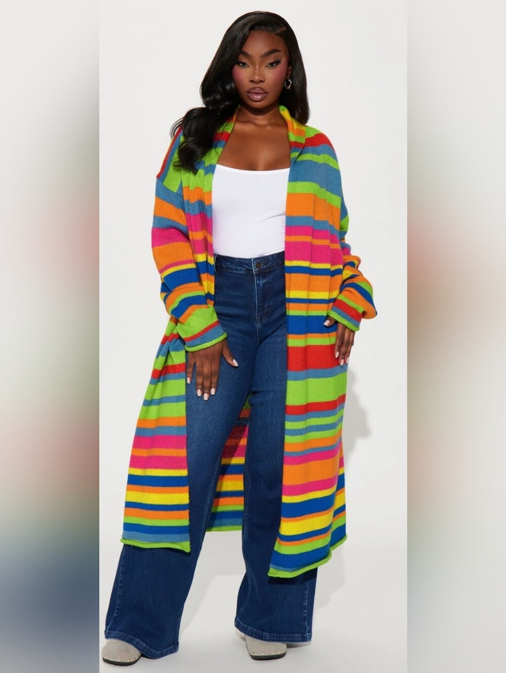 Vibrant Multicolor Striped Open-Front Sweater Cardigan